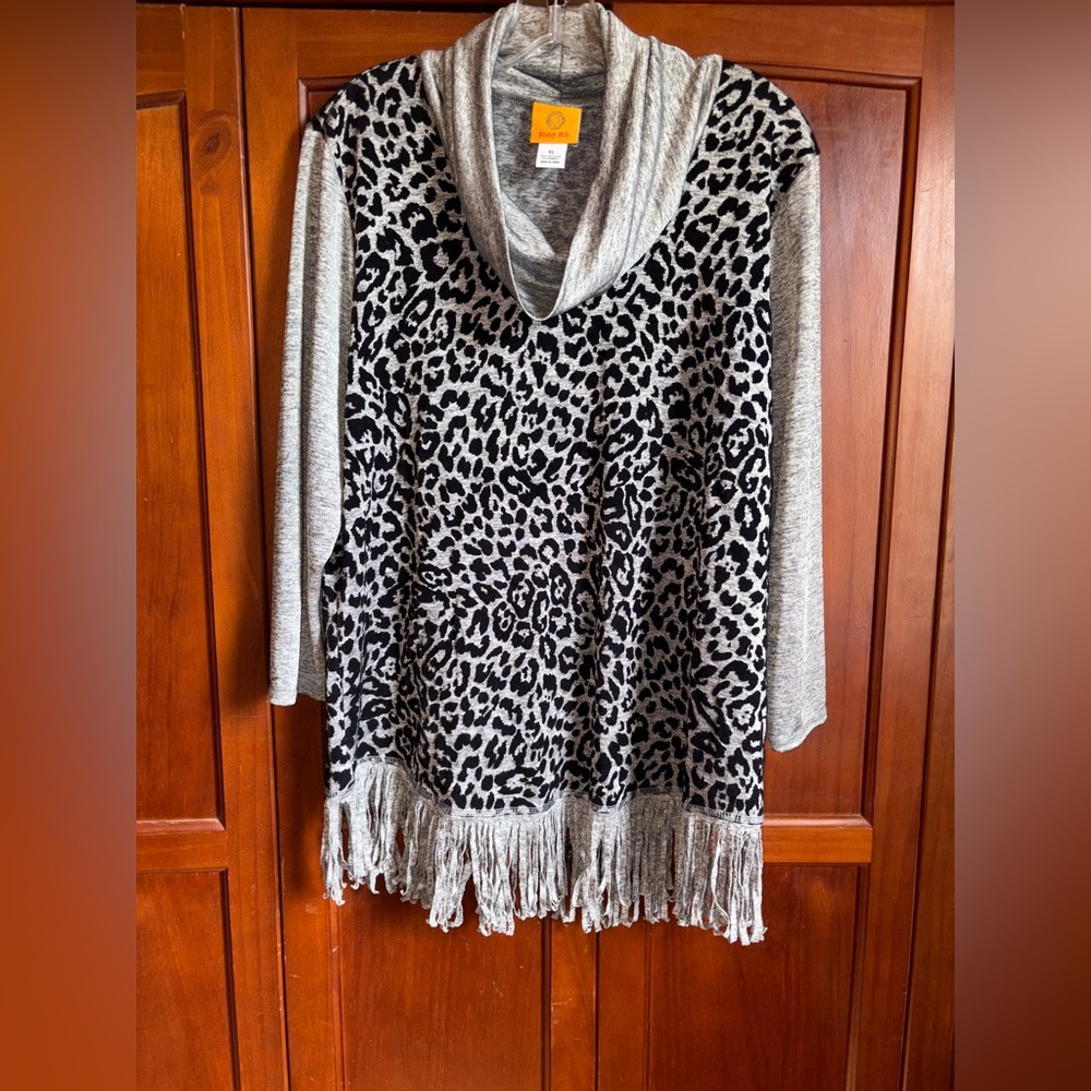 Ruby Rd. Black and Gray Animal Print Cowl Neck Sweater Look at pictures